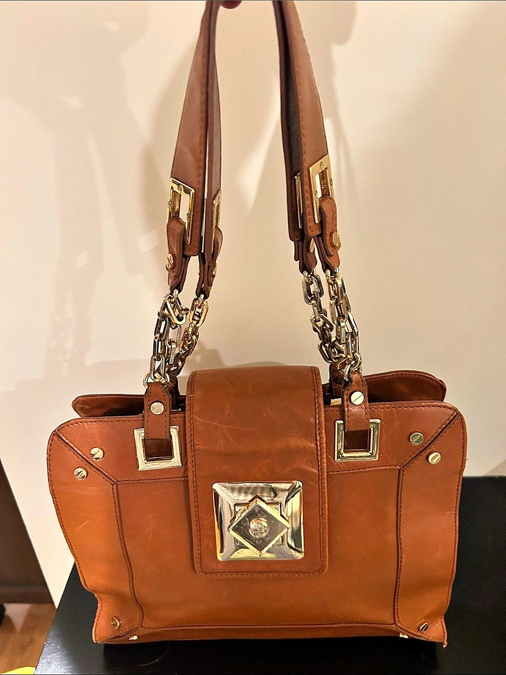 Tory Burch Cognac/Caramel Leather Chainlink Shoulder Satchel Bag, Gold Turn Lock